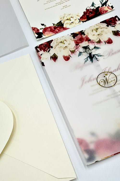 Load image into Gallery viewer, ABC 1099 Blush Pink &amp; maroon Floral Translucent Vellum Wrap Overlay A5 Invitation
