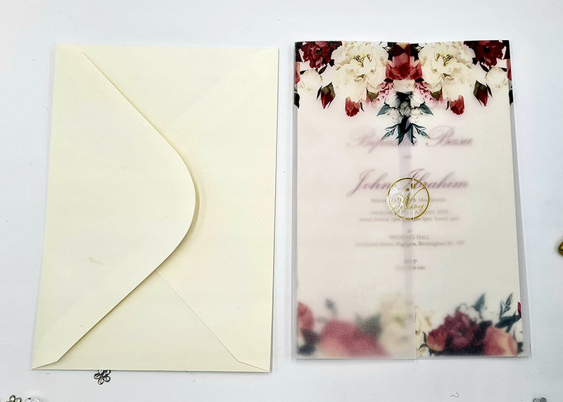 ABC 1099 Blush Pink & maroon Floral Translucent Vellum Wrap Overlay A5 Invitation