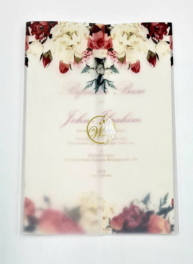 ABC 1099 Blush Pink & maroon Floral Translucent Vellum Wrap Overlay A5 Invitation