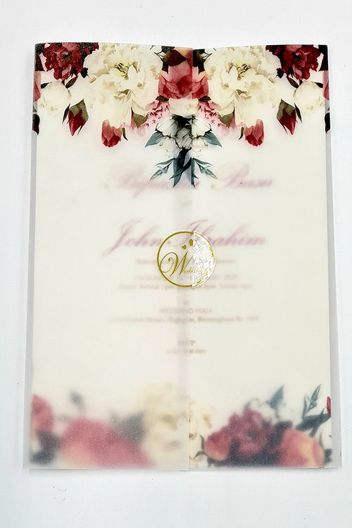 Load image into Gallery viewer, ABC 1099 Blush Pink &amp; maroon Floral Translucent Vellum Wrap Overlay A5 Invitation
