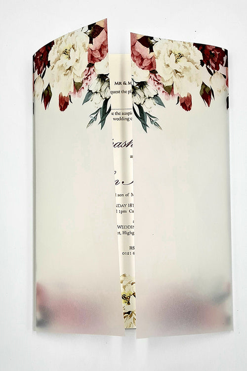 Load image into Gallery viewer, ABC 1099 Blush Pink &amp; maroon Floral Translucent Vellum Wrap Overlay A5 Invitation
