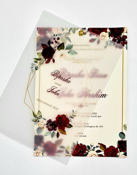 Burgundy Floral Translucent Floral Vellum A5 Invitation ABC 1100