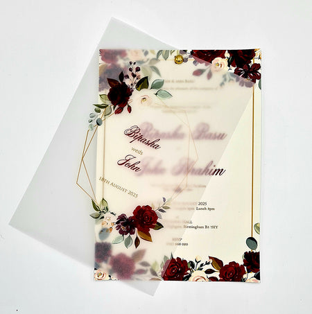 Burgundy Floral Translucent Floral Vellum A5 Invitation ABC 1100