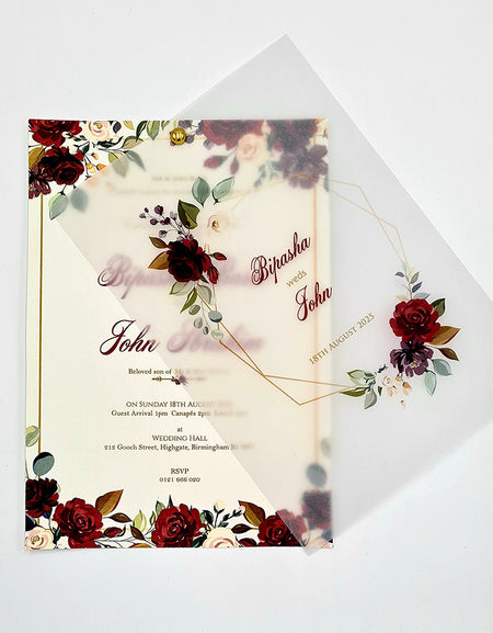 Burgundy Floral Translucent Floral Vellum A5 Invitation ABC 1100