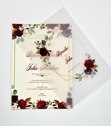 Burgundy Floral Translucent Floral Vellum A5 Invitation ABC 1100