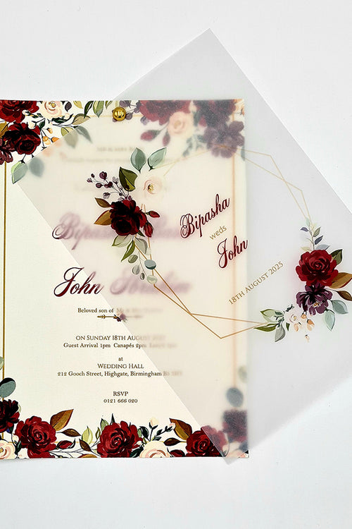 Load image into Gallery viewer, Burgundy Floral Translucent Floral Vellum A5 Invitation ABC 1100
