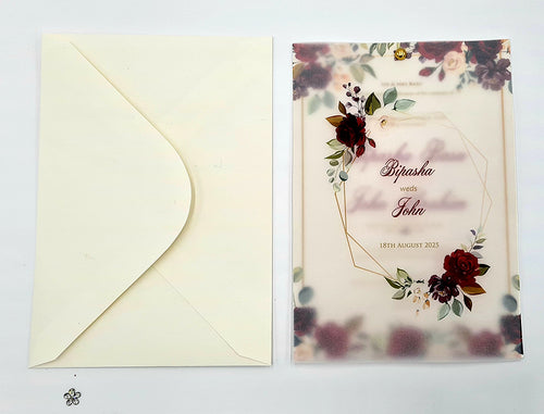 Load image into Gallery viewer, Burgundy Floral Translucent Floral Vellum A5 Invitation ABC 1100
