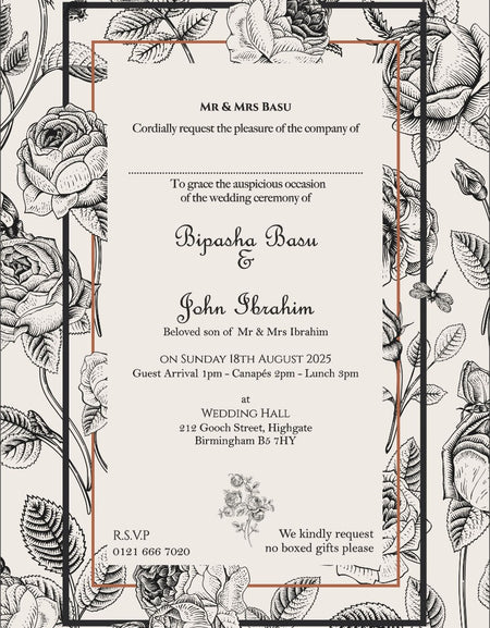 ABC 1102 black and white illustrated Floral A5 Invitation