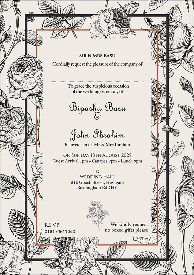 ABC 1102 black and white illustrated Floral A5 Invitation