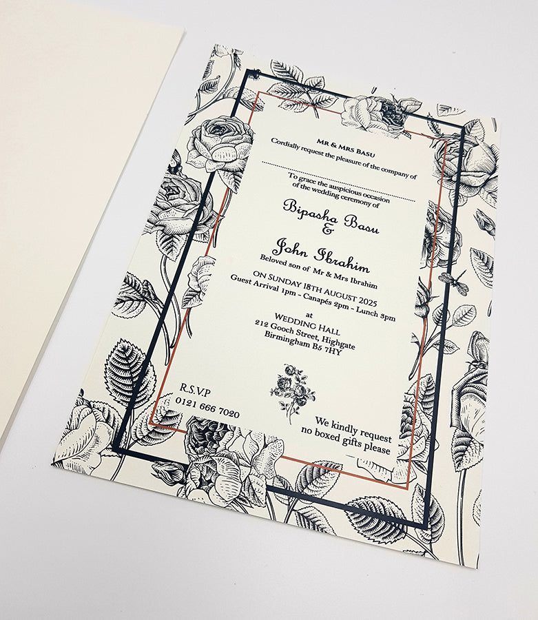 ABC 1102 black and white illustrated Floral A5 Invitation