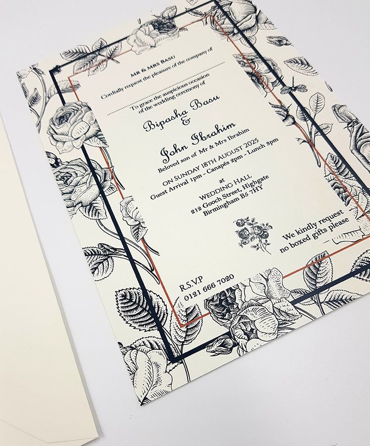 ABC 1102 black and white illustrated Floral A5 Invitation
