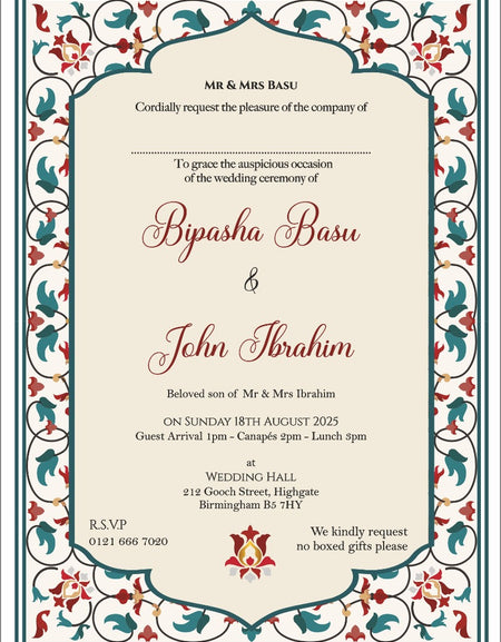 Maroon and Green Arabesque Floral Design A5 Invitation ABC 1103