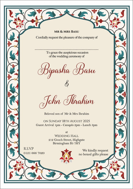 Maroon and Green Arabesque Floral Design A5 Invitation ABC 1103