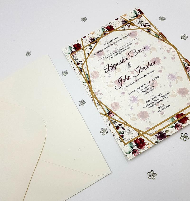 Maroon Purple and Green Floral Geometric Frame A5 Invitation