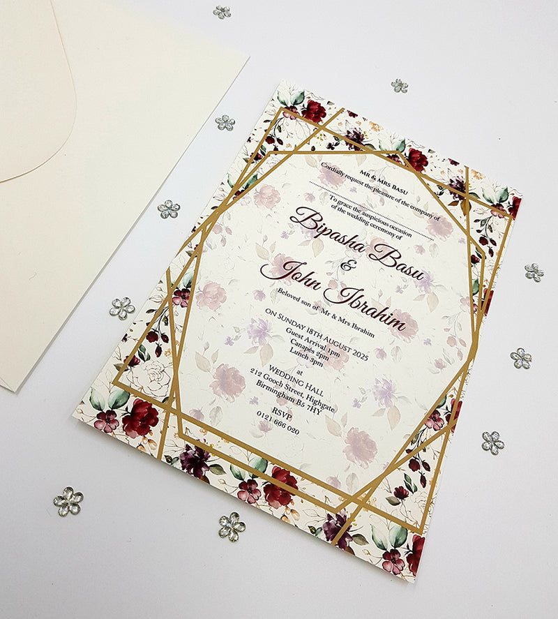 Maroon Purple and Green Floral Geometric Frame A5 Invitation