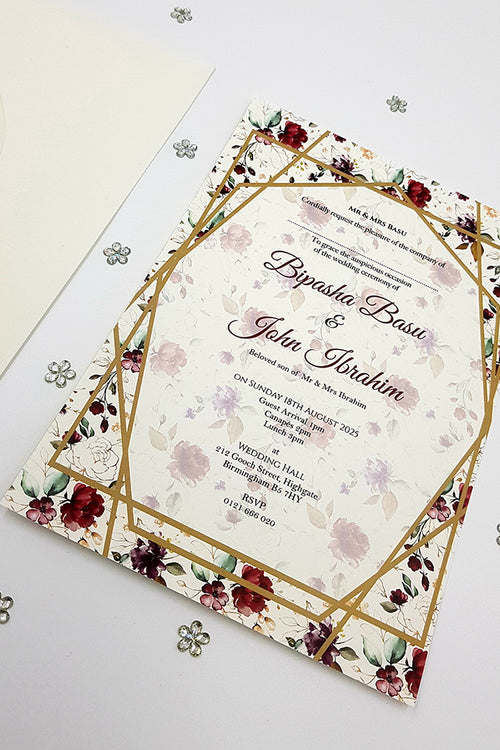 Load image into Gallery viewer, Maroon Purple and Green Floral Geometric Frame A5 Invitation
