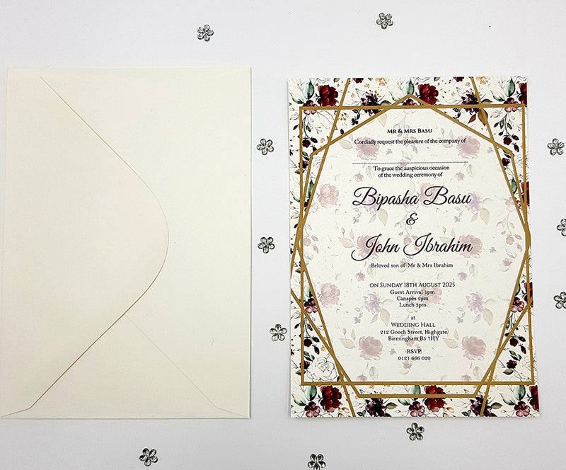 Maroon Purple and Green Floral Geometric Frame A5 Invitation