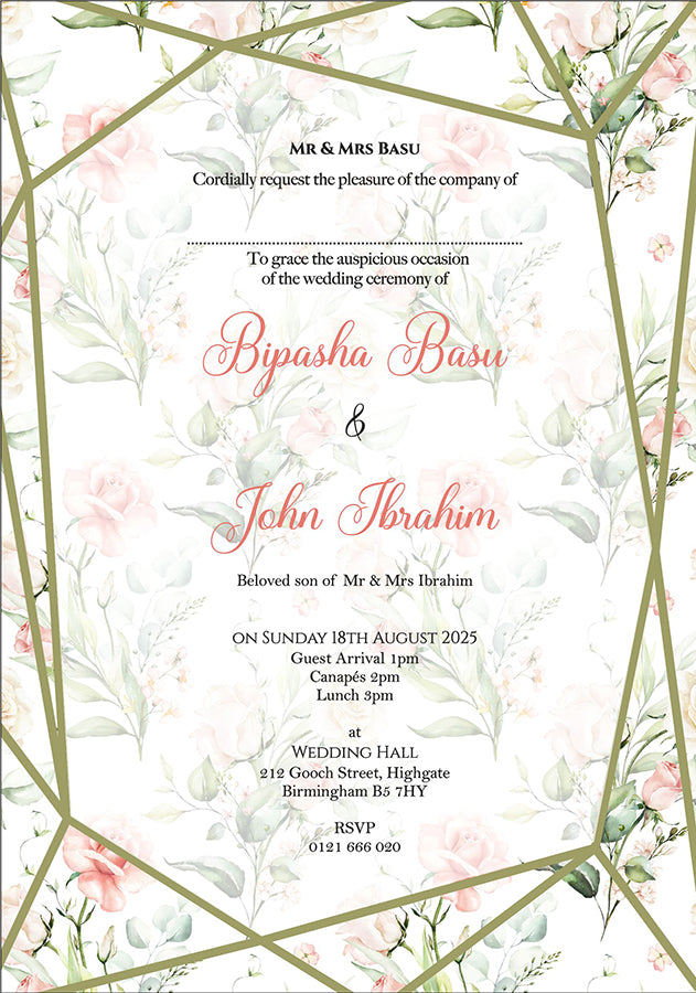 ABC 1113 Blush pink and green Floral Geometric Frame A5 Invitation