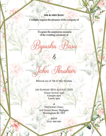 ABC 1113 Blush pink and green Floral Geometric Frame A5 Invitation