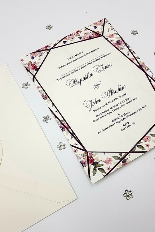 Load image into Gallery viewer, ABC 1115 Burgundy and Pink Geometric Frame Floral A5 Invitation
