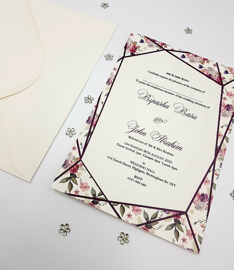 ABC 1115 Burgundy and Pink Geometric Frame Floral A5 Invitation