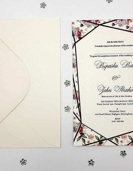 ABC 1115 Burgundy and Pink Geometric Frame Floral A5 Invitation