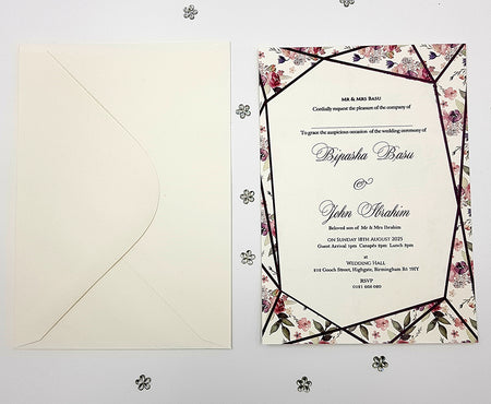 ABC 1115 Burgundy and Pink Geometric Frame Floral A5 Invitation