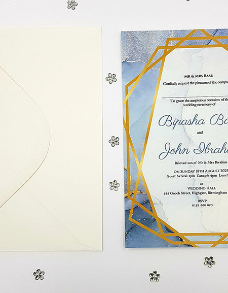 ABC 1116 A5 Blue Marble Effect Geometric Border Effect Invitation