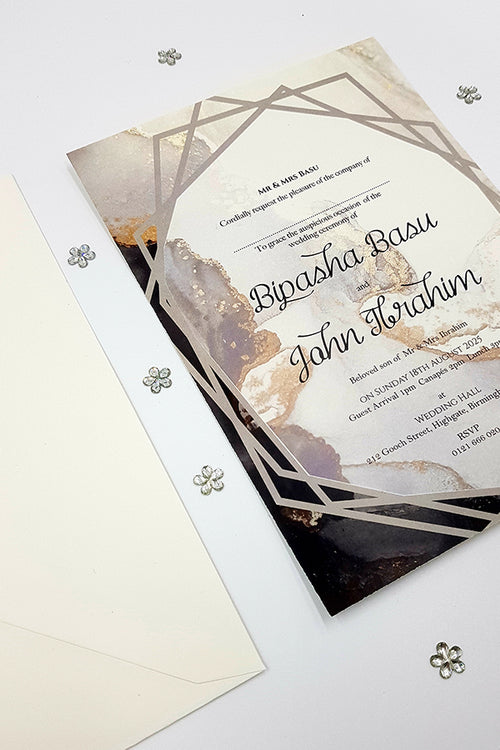 Load image into Gallery viewer, Modern Geometric Wedding A5 Marble Effect Invitation ABC 1117
