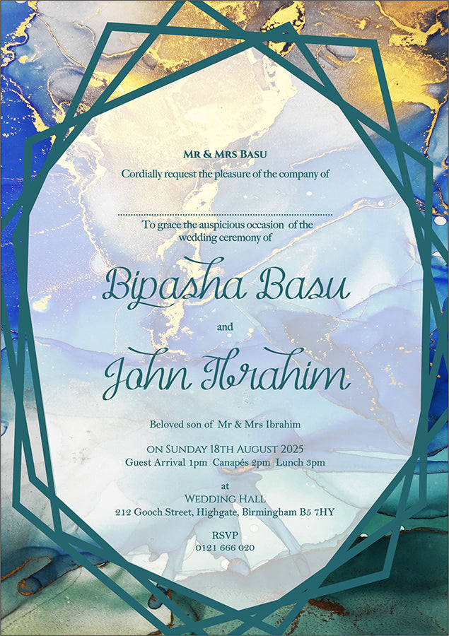 Teal and Gold A5 Fluid Marble Effect Invitation ABC 1118