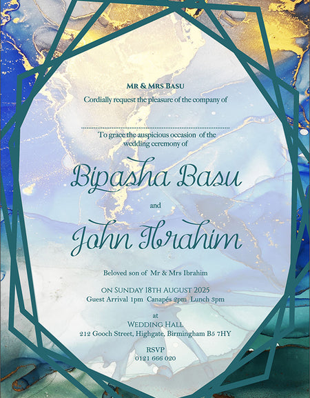 Teal and Gold A5 Fluid Marble Effect Invitation ABC 1118