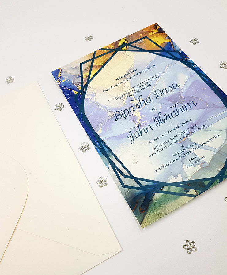 Teal and Gold A5 Fluid Marble Effect Invitation ABC 1118