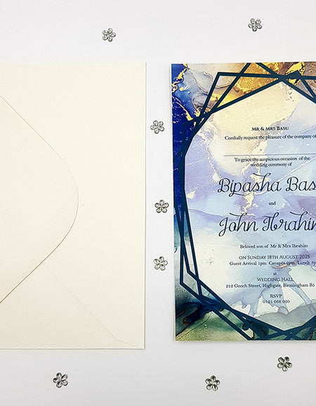 Teal and Gold A5 Fluid Marble Effect Invitation ABC 1118