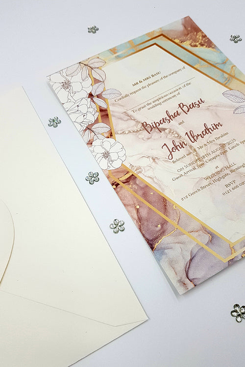 Load image into Gallery viewer, Marble Effect Floral A5 romantic watercolor floral geometric invitation ABC 1119
