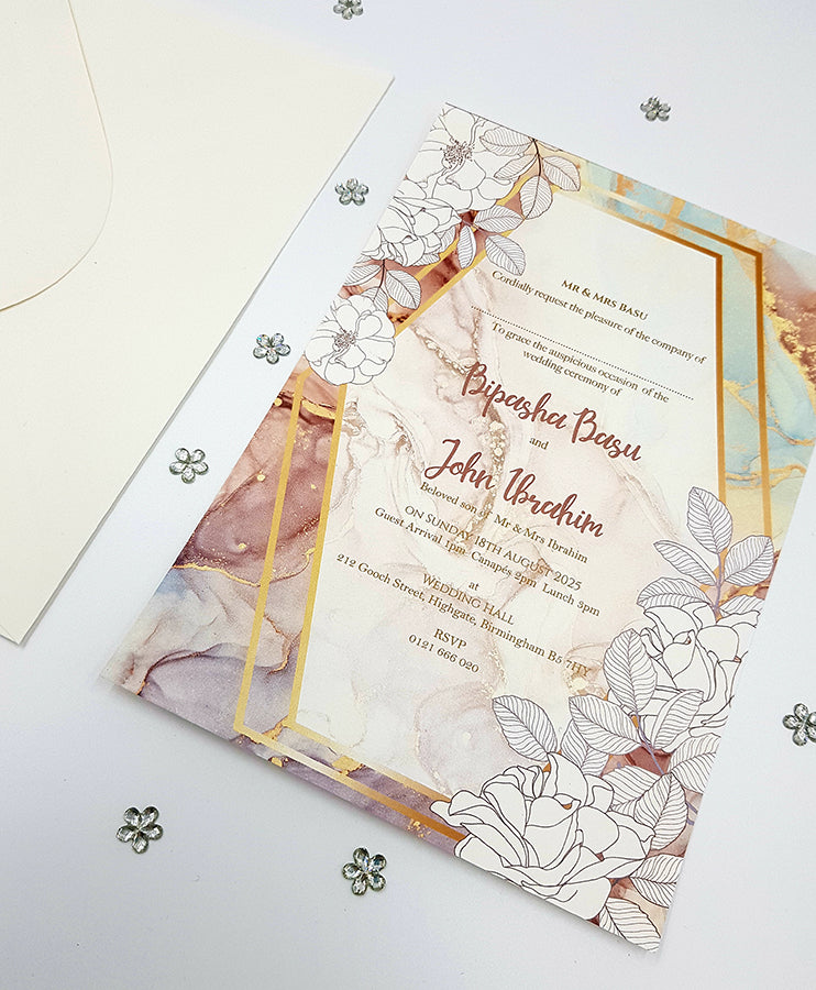 Marble Effect Floral A5 romantic watercolor floral geometric invitation ABC 1119