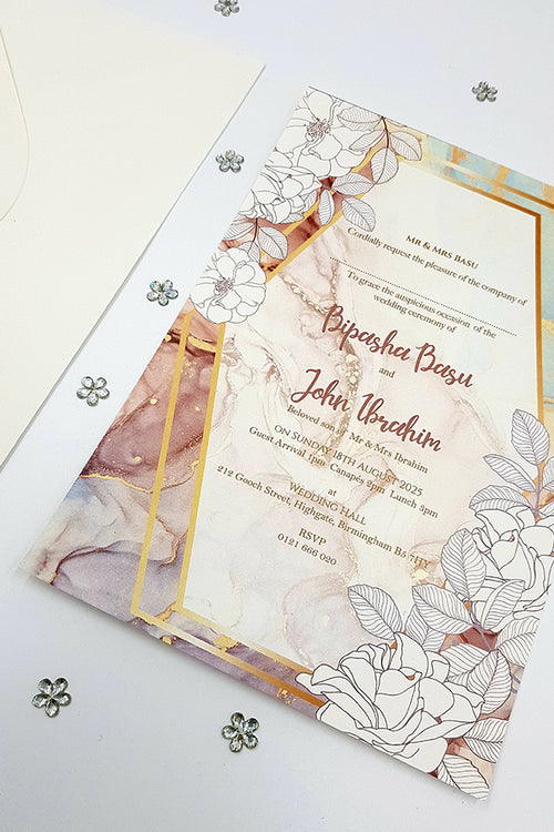 Load image into Gallery viewer, Marble Effect Floral A5 romantic watercolor floral geometric invitation ABC 1119
