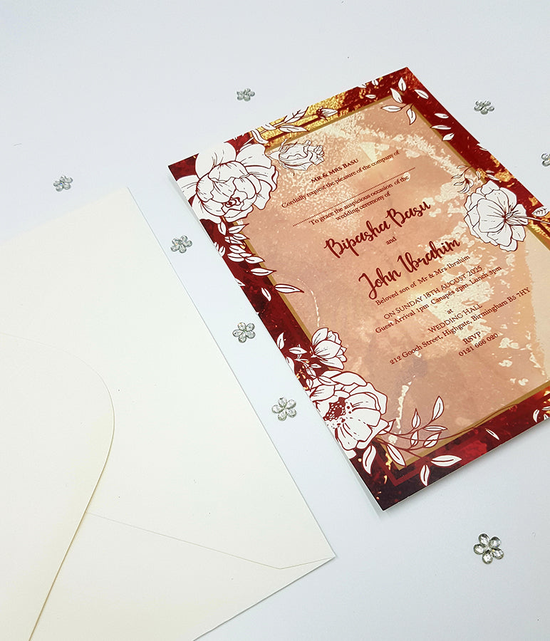 Maroon Red Marble Effect Floral A5 Invitation ABC 1120