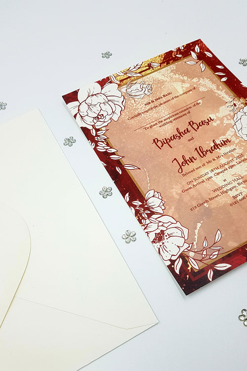 Load image into Gallery viewer, Maroon Red Marble Effect Floral A5 Invitation ABC 1120
