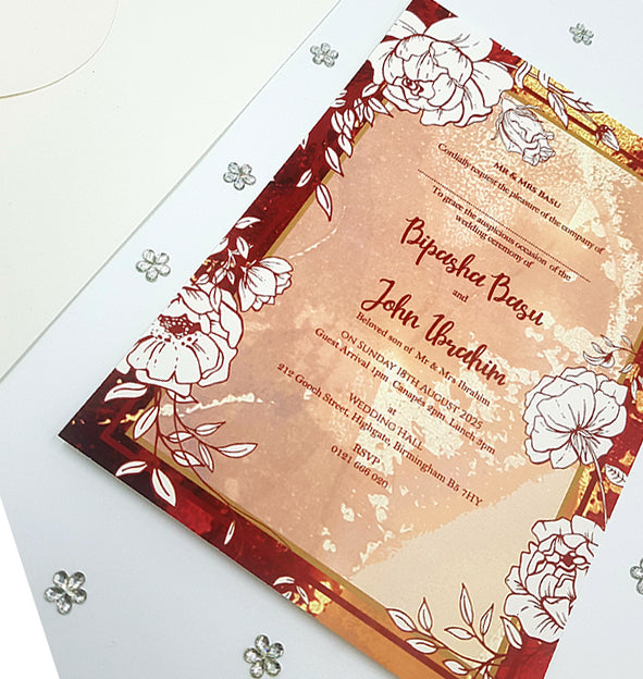 Maroon Red Marble Effect Floral A5 Invitation ABC 1120