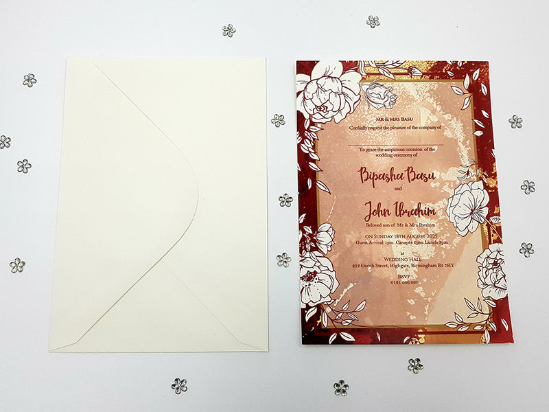 Maroon Red Marble Effect Floral A5 Invitation ABC 1120