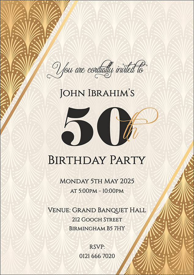 Gatsby Design 50th birthday invitation card A5 ABC 1124