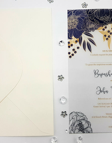 Open view of ABC 1151 Invitation, revealing the navy blue and yellow gold hand-drawn floral doodles and event details on translucent vellum paper, perfect for weddings and formal events
