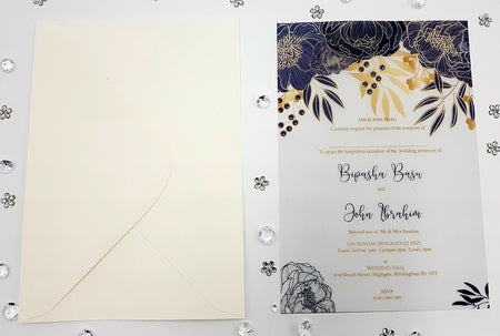 Open view of ABC 1151 Invitation, revealing the navy blue and yellow gold hand-drawn floral doodles and event details on translucent vellum paper, perfect for weddings and formal events