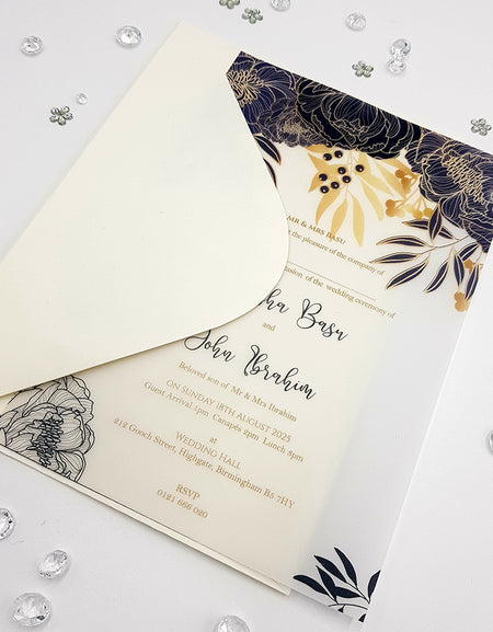 Front view of ABC 1151 Translucent Hand-Drawn Floral Doodle Invitation, showcasing navy blue and yellow gold floral patterns on A5 vellum paper, creating a modern and artistic design