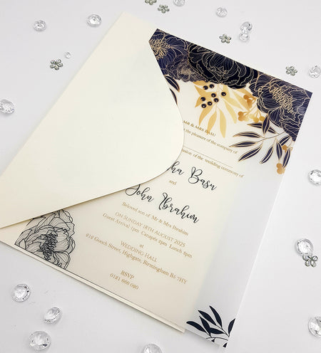 Front view of ABC 1151 Translucent Hand-Drawn Floral Doodle Invitation, showcasing navy blue and yellow gold floral patterns on A5 vellum paper, creating a modern and artistic design