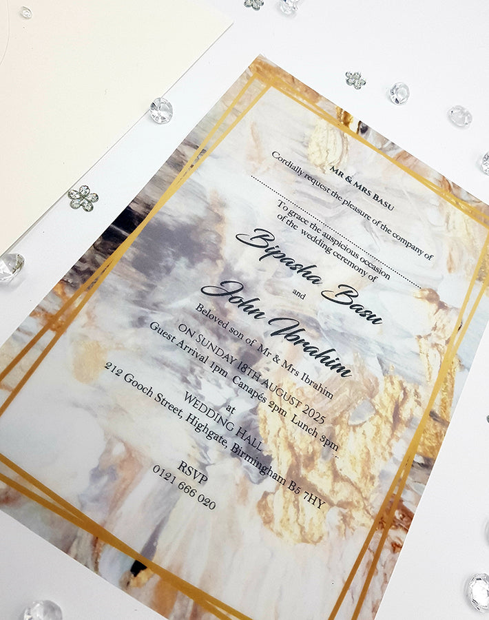 Translucent wedding invitations in gold abstract design on A5 Vellum Paper ABC 1153