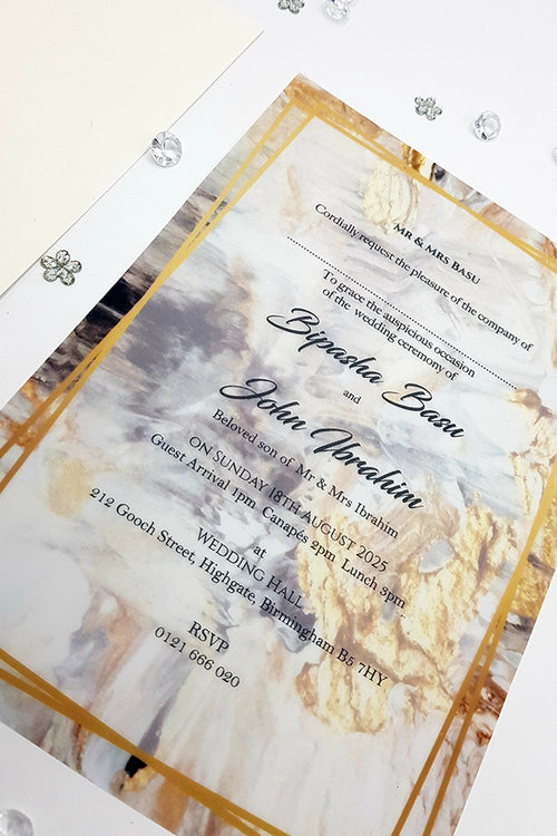 Load image into Gallery viewer, Translucent wedding invitations in gold abstract design on A5 Vellum Paper ABC 1153
