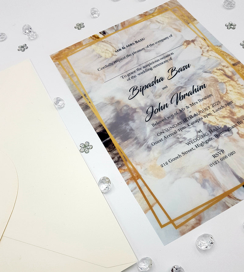 Translucent wedding invitations in gold abstract design on A5 Vellum Paper ABC 1153