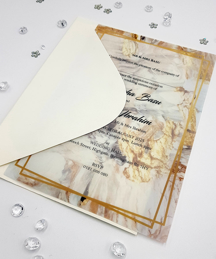 Translucent Paper Invitation Translucent wedding invitations in gold abstract design on A5 Vellum P ...