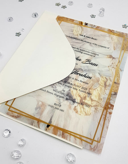 Front view of ABC 1153 Translucent Wedding Invitation, showcasing a gold abstract design on A5 vellum paper, creating a modern and luxurious look